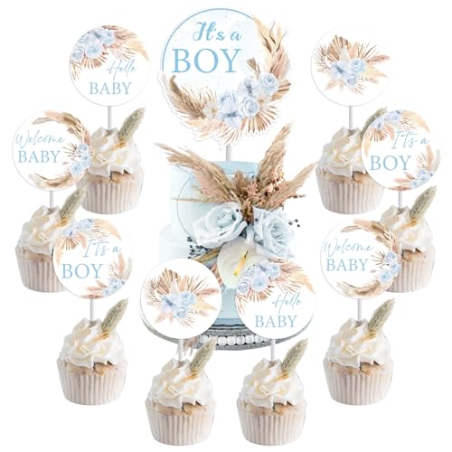 Blue Boho Baby Shower Cake Toppers Set - 25pcs Pampas Grass
