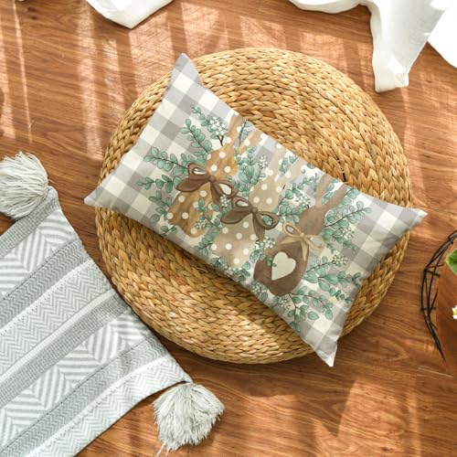 Easter Bunny Buffalo Plaid Throw Pillow Cover - 12x20 Inch Grey
