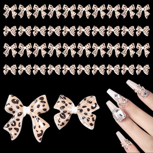 60Pcs Leopard Print Bow Nail Charms 3D Acrylic Manicure Decors
