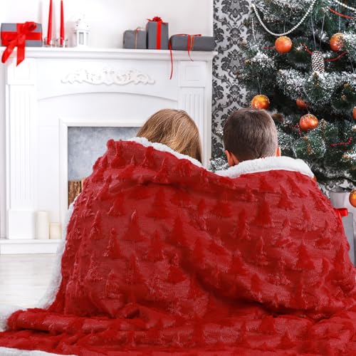 Remagr Christmas Sherpa Throw Blanket 50x60 Inches with 3D Xmas Tree - Red Variation