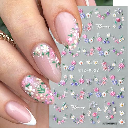 KAICCOSO 3D Embossed Floral Nail Art Stickers Daisy Spring Decals