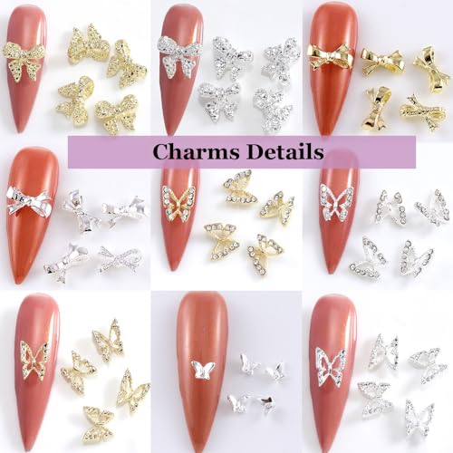 84 PCS Butterfly and Bow Nail Charms - Gold & Silver Nail Art Gems