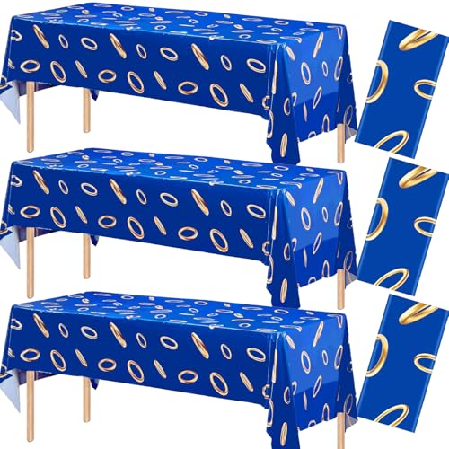 3-Pack Blue Gold Ring Print Disposable Tablecloths - 54x108 Inches