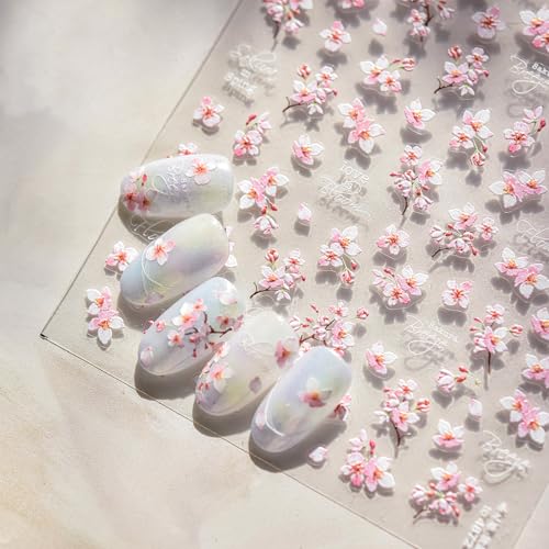 5D Embossed Cherry Blossom Nail Art Stickers Pink Floral Decals