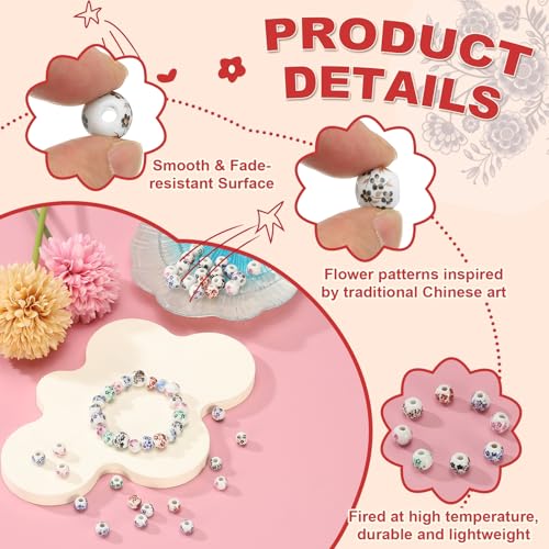 PATIKIL 50 Pcs 10mm Ceramic Flower Beads - Coffee Porcelain Round Beads for Jewelry Making DIY Crafts