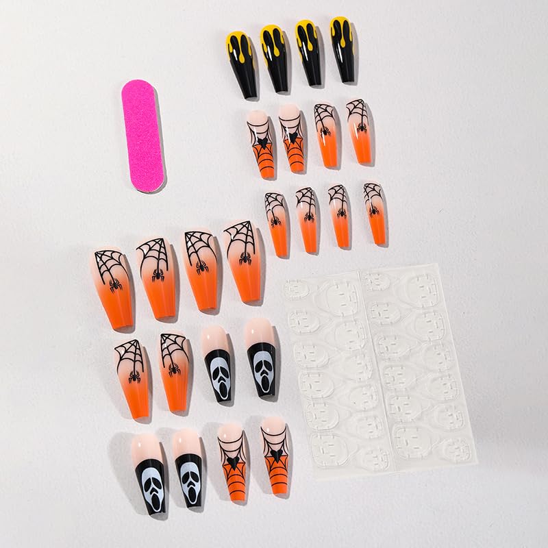 Halloween Press on Nails Long Square Horror Ghost Spider Web Fake Nails