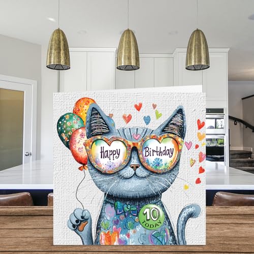 10th Birthday Card for Girls - Cute Cat Design with Balloons