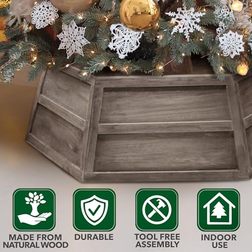 Hexagon Wooden Christmas Tree Collar - Rustic Gray 6 Panel Tree Protector