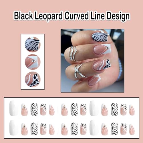 ANDGING White French Tip Press on Nails with Black Leopard Lines