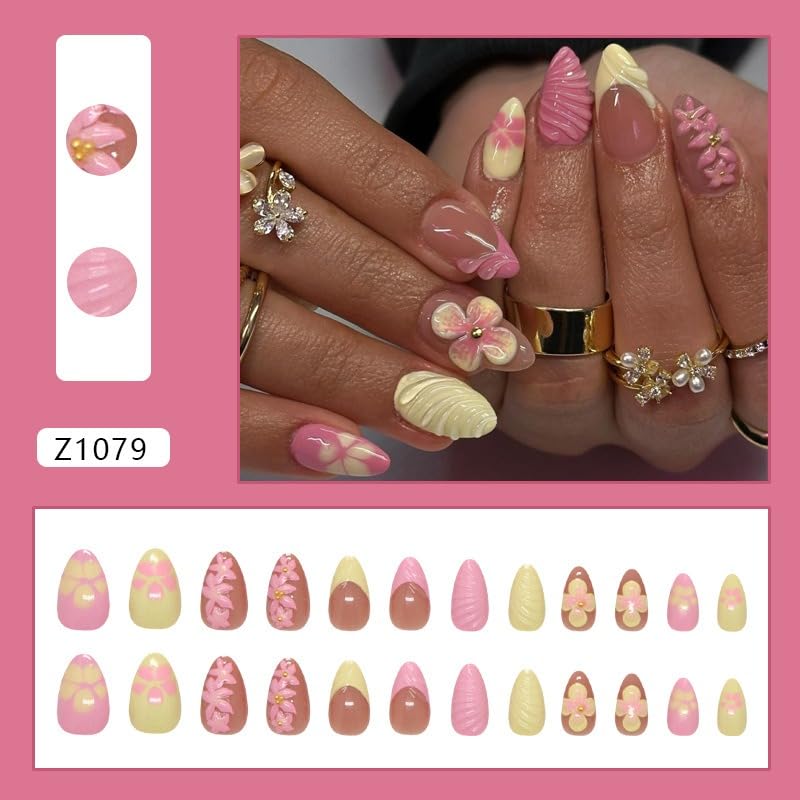 Short Almond Press On Nails with Floral French Design Acrylic Fake Nails
