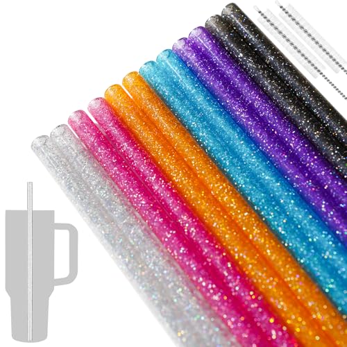 NiHome 12-Pack 12" Glitter Reusable Straws for Stanley 40oz Tumbler + Brushes