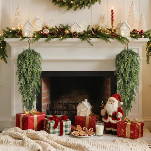 Artificial Christmas Teardrop Swag Set - 45 Leaves, 32 Inch Cedar Greenery Decor - 2 Pack