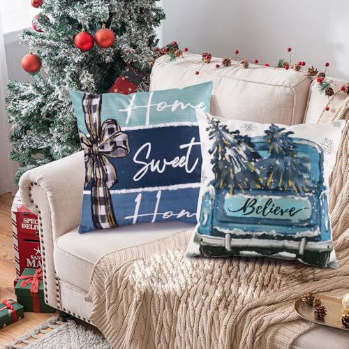 Heirloom Haven 4-Pack Christmas Pillow Covers 18x18in Blue Oil Painting Holiday Decor