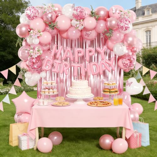 Pearl Pink Birthday Decorations Set with Foil Balloons and Banner