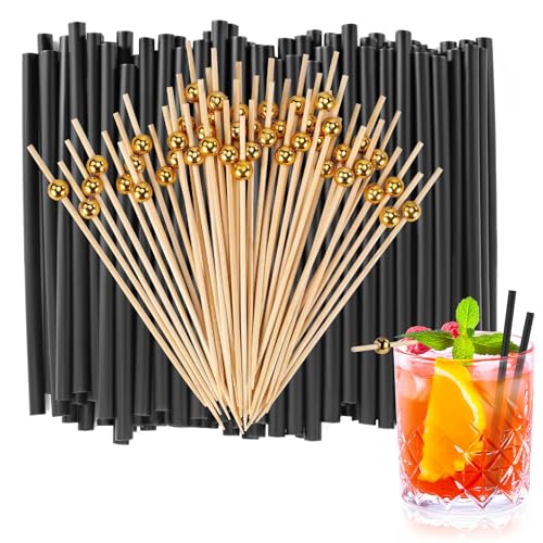 300-Piece Cocktail Kit: 200 Short Black Straws and 100 Gold Cocktail Picks