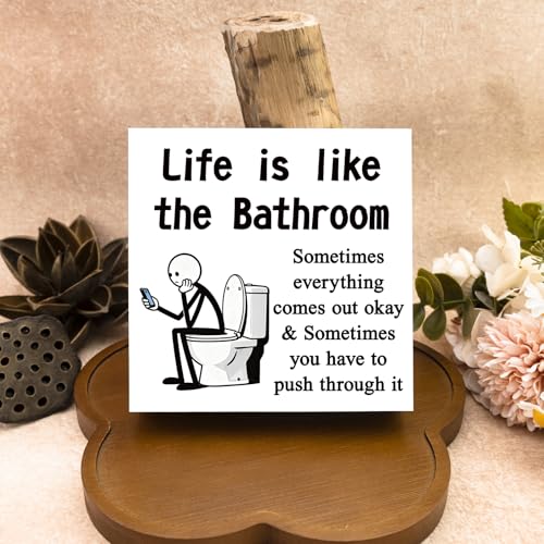 Funny Bathroom Sign Decor - Inspirational Wooden Shelf Art