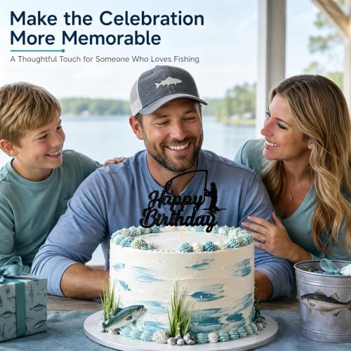 Fishing Happy Birthday Cake Topper - Glitter Fisherman Cake Decoration