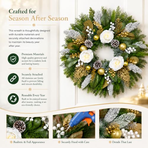 28 Inch Christmas Wreath with White Roses and Gold Decor for Front Door