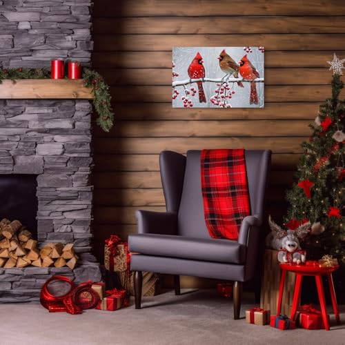 Christmas Cardinal Canvas Wall Art - Red Bird Winter Scene, 16x24 Inches, White Frame