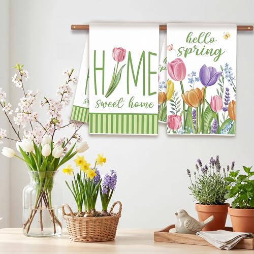 Spring Tulips Kitchen Towels Set of 2 - 18x26 Inch Decorative Dish Towels