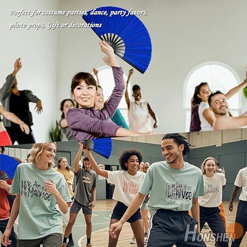 Blue 13-inch Nylon Cloth Folding Hand Fan for Performance & Cosplay