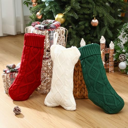 3 Pack Christmas Stockings for Dogs & Family - 18 Inch Knit & 15 Inch Bone Stocking - Red, Green, White