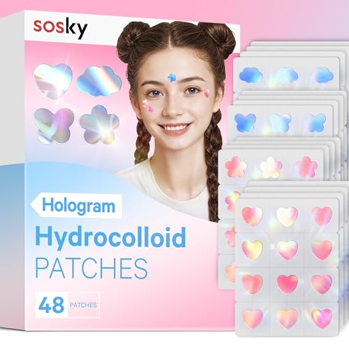 Sosky Holographic Pimple Patches 48ct - Cute Hydrocolloid Acne Stickers with Salicylic Acid
