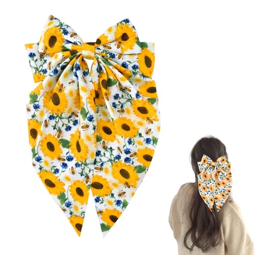 Sudaporn Sunflower Print Large Hair Bow Clip Long Tail Floral Barrettes