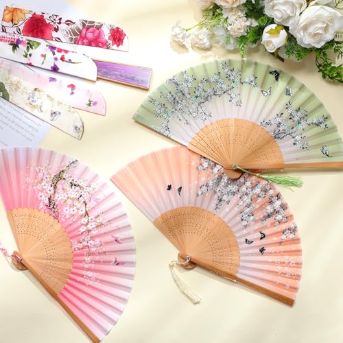 Zonon Silk Handheld Folding Fans - Forest Flowers Print (4 Pack)
