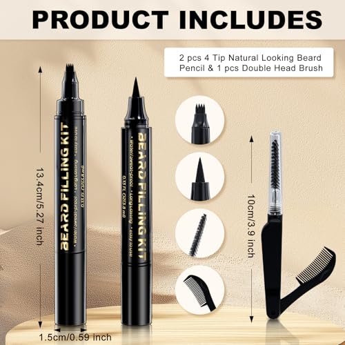 AIHOPESTO 3 PCS Beard Pen Filler Kit with Brush for Men - Waterproof