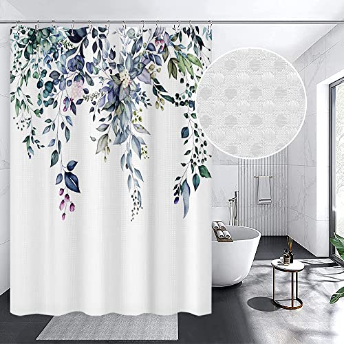 Watercolor Navy Blue Leaves Shower Curtain Set - 71x71 Inch Waterproof Design