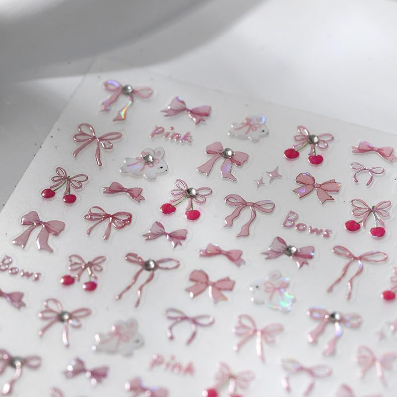 Cherry Nail Stickers 5D Embossed Summer Bow Nail Art Decals