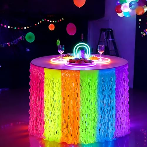2 Pack Glow in the Dark Neon Tinsel Table Skirts - 108 x 29.5 Inch Party Decor