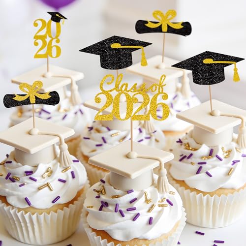 Graduation Cupcake Toppers 2026 - 24 Pack Gold Glitter Decor