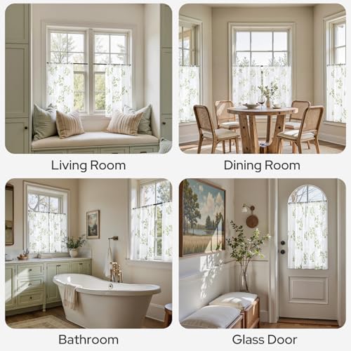 HOMEIDEAS Green Leaf Kitchen Curtains 30x24 Inch Semi Sheer 2 Panels