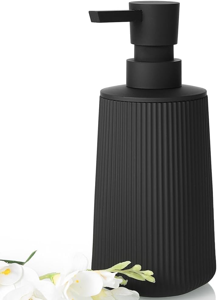 Black Hand Soap Dispenser - Rust-Proof Pump for Bathroom & Kitchen | Refillable Striped Matte Plastic, 8.5 oz