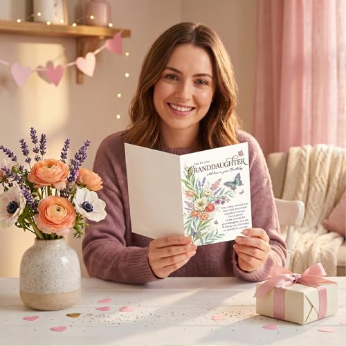 Granddaughter Birthday Card from Grandma & Grandpa - Floral Butterfly Design, 8x5.3 Inches with Envelope & Seal, Heartfelt Gift