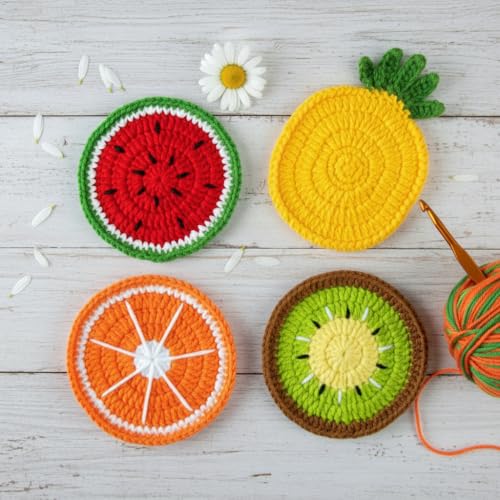 BRIFUFOUS Crochet Fruit Coasters Set - Orange, Pineapple, Kiwi, Watermelon