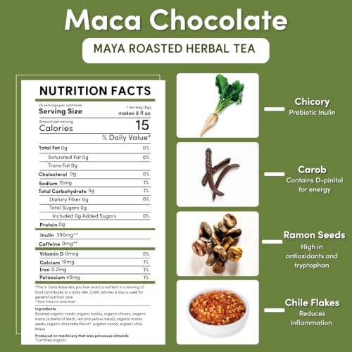 Teeccino Maca Chocolaté Herbal Tea - 25 Pack, Caffeine-Free, Prebiotic & Rich Chocolate Flavor