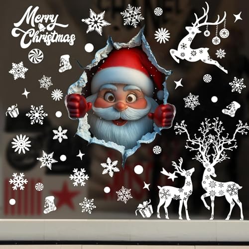 Christmas Window Clings Double Sided 3D Santa Reindeer Snowflake Vinyl Decals - Red White