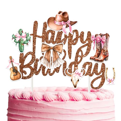 Cowgirl Birthday Cake Topper Western Cowgirl Theme Glitter Decor for Rodeo Party