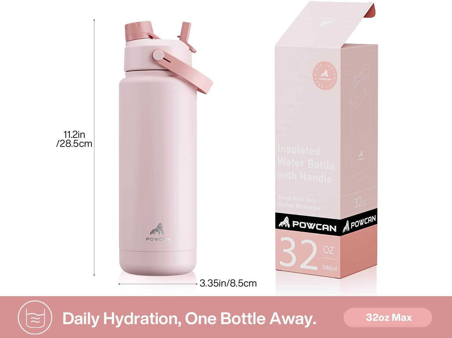 POWCAN 32 oz Insulated Water Bottle - 2-in-1 Straw & Spout Lid, Leak-Proof, BPA-Free | Rosy Bouquet