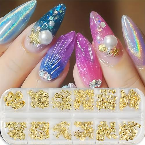 KSTBJN 12 Grids Gold Metal Nail Art Charms 3D Ocean Theme Decors