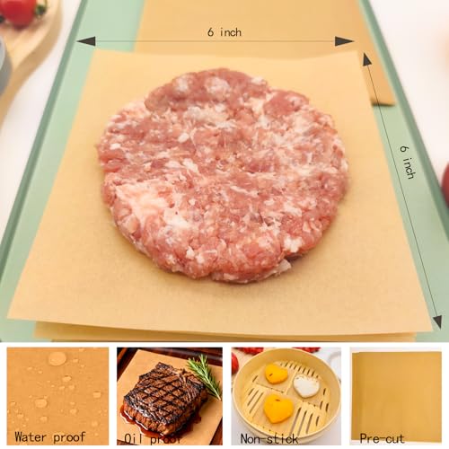 100 Non-Stick Hamburger Patty Paper Sheets - 6''x6'' Parchment