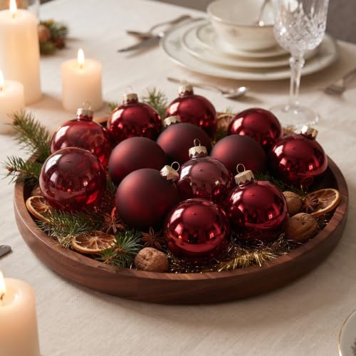 Burgundy Glass Christmas Ornaments Set of 12 - 2.36 Inch Holiday Decor with Matte, Shiny & Clear Finishes