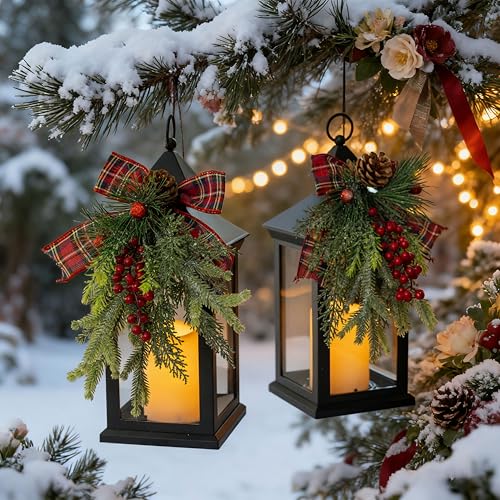 Christmas Decorative Lantern with LED Candle - Black Holiday Lantern with Pinecones & Red Bow - Battery Operated Indoor/Outdoor Decor - Red Bow Variant