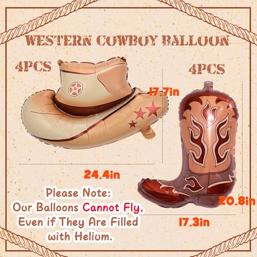 Western Cowboy Balloons - 8PCS Cowgirl Hat & Boot Foil Party Decor