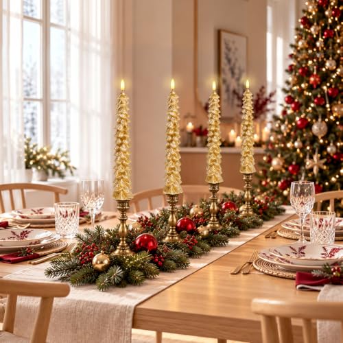 4PC Gold Flameless Christmas Tree Taper Candles - Holiday Decor