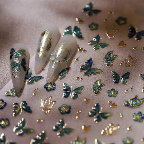 5D Embossed Green Butterfly Spring Nail Stickers Self-Adhesive Decals
