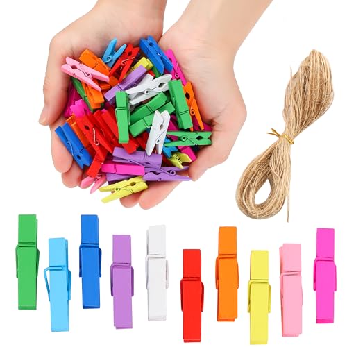 Colorful Mini Wooden Clothespins for Photos - 100pcs with Jute Twine
